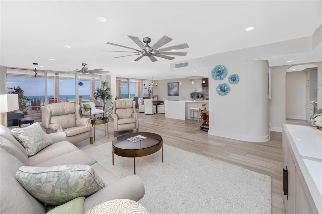 Dining room, Interior, Kitchen, Living room, Pendant Lights, Recessed Lighting, Water, Wood Texture Flooring