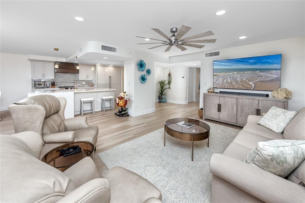 Interior, Kitchen, Living room, Recessed Lighting, Stainless Steel Appliances, Wood Texture Flooring