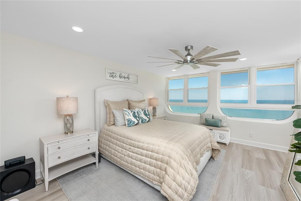 Bedroom, Interior, Recessed Lighting, Water, Wood Texture Flooring