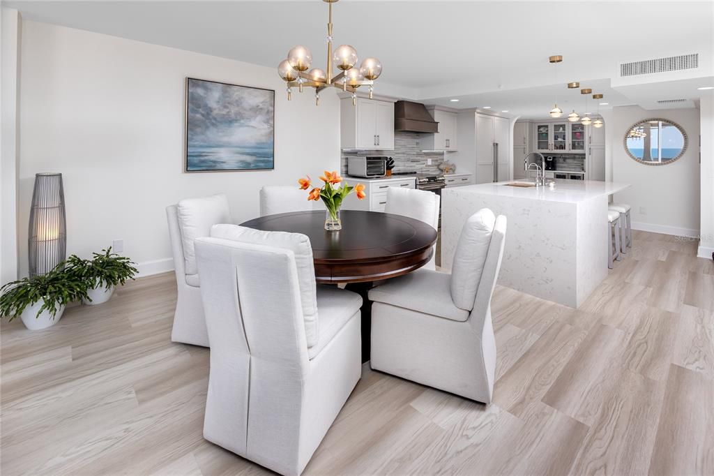 Dining room, Interior, Kitchen, Pendant Lights, Recessed Lighting, Stainless Steel Appliances, Wood Texture Flooring