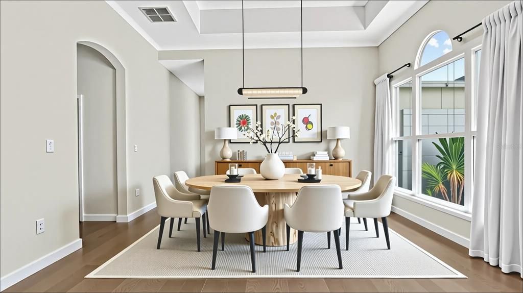 Dining room, Interior, Pendant Lights, Wood Texture Flooring