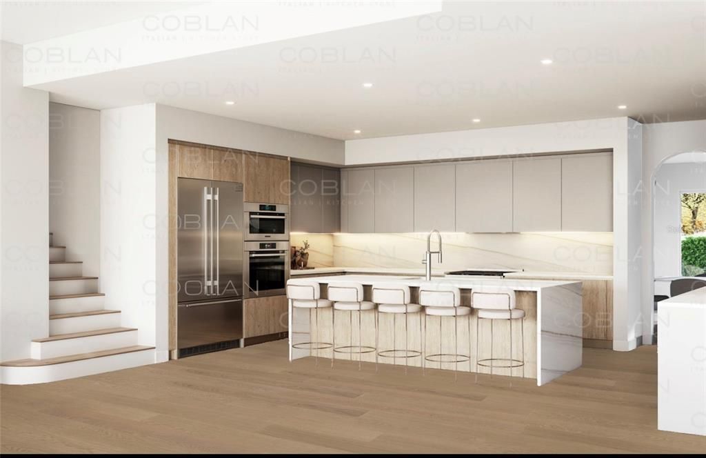 Interior, Kitchen, Marble Walls, Recessed Lighting, Stainless Steel Appliances, Wood Texture Flooring