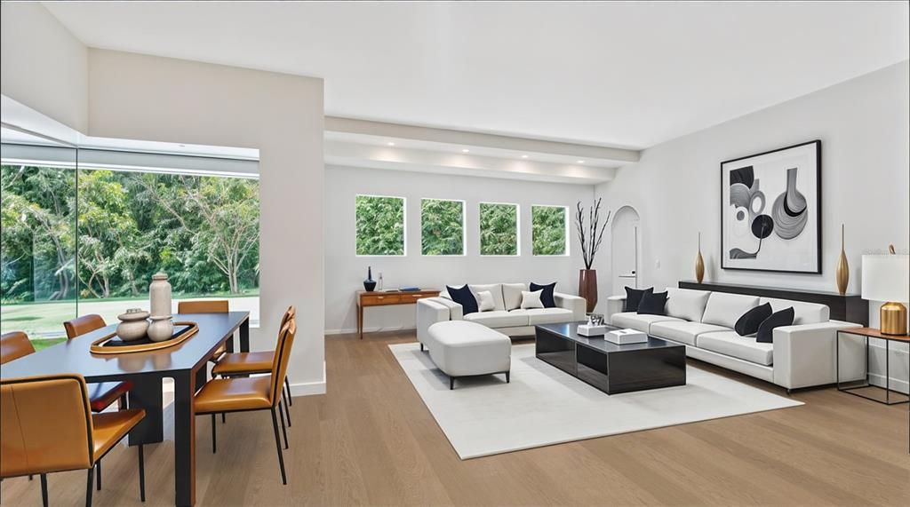 Dining room, Interior, Living room, Recessed Lighting, Wood Texture Flooring