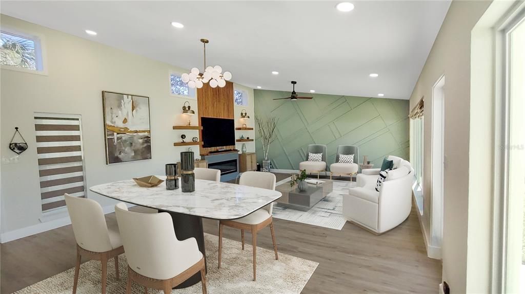 Dining room, Interior, Living room, Pendant Lights, Recessed Lighting, Wood Texture Flooring