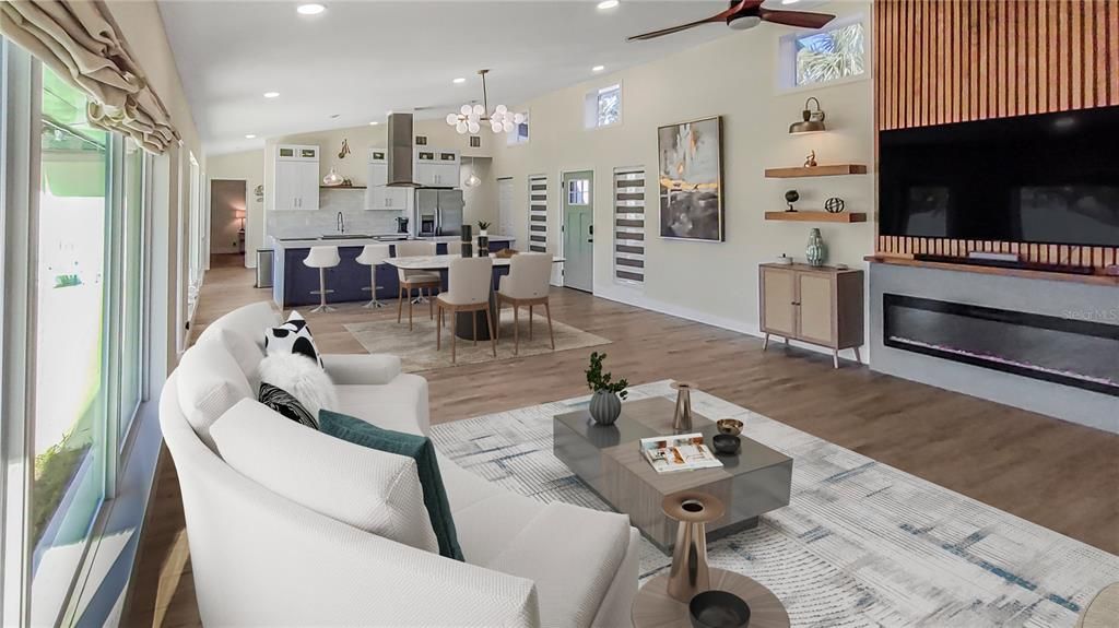 Dining room, Interior, Kitchen, Living room, Pendant Lights, Recessed Lighting, Wood Texture Flooring