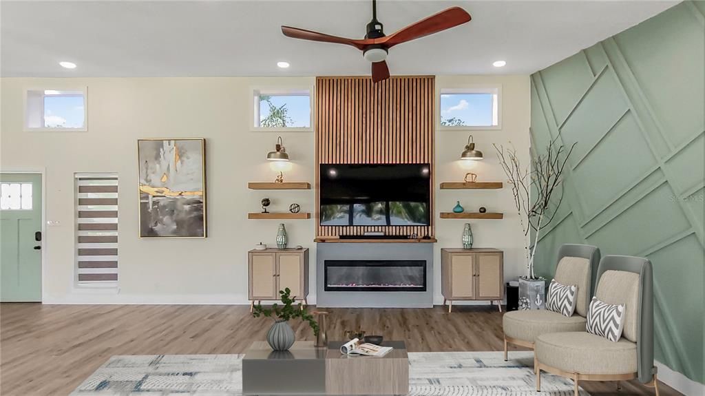 Fireplace, Interior, Recessed Lighting, Wood Texture Flooring