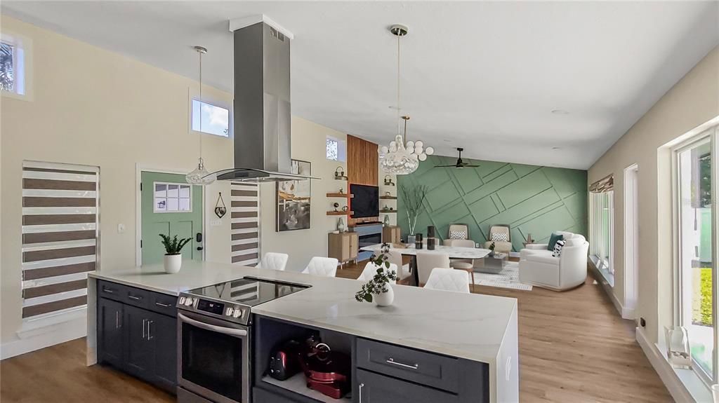 Chandelier, Dining room, Interior, Kitchen, Living room, Pendant Lights, Wood Texture Flooring