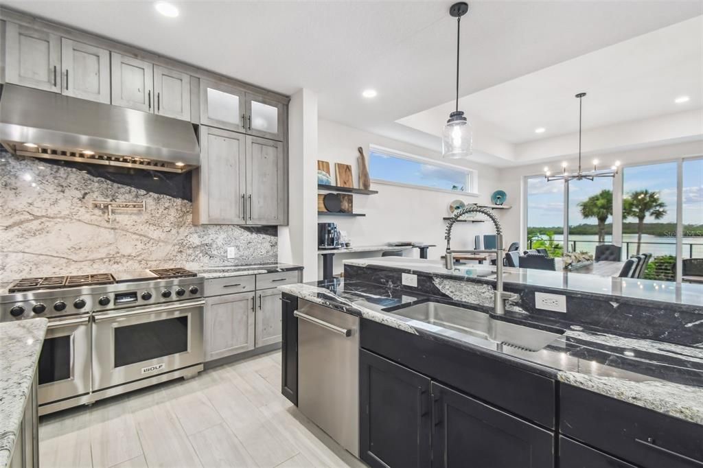 Interior, Kitchen, Pendant Lights, Recessed Lighting, Stainless Steel Appliances, Water, Wood Texture Flooring