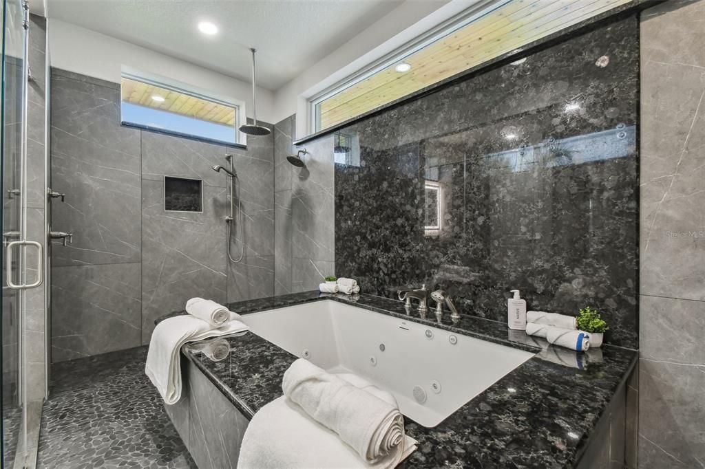 Bathroom, Glass Shower, Interior, Marble Walls, Recessed Lighting