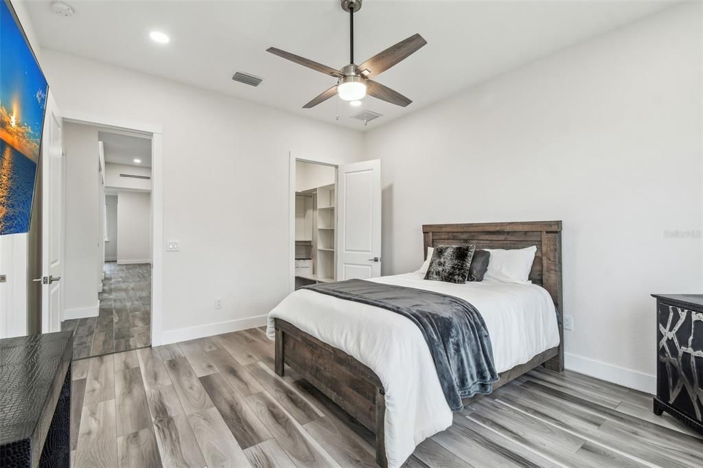 Bedroom, Interior, Recessed Lighting, Wood Texture Flooring