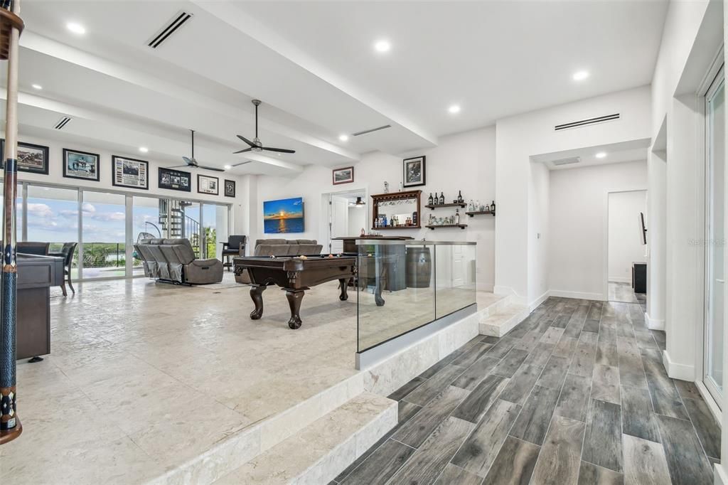 Billiard Table, Game Room, Interior, Recessed Lighting, Wood Texture Flooring