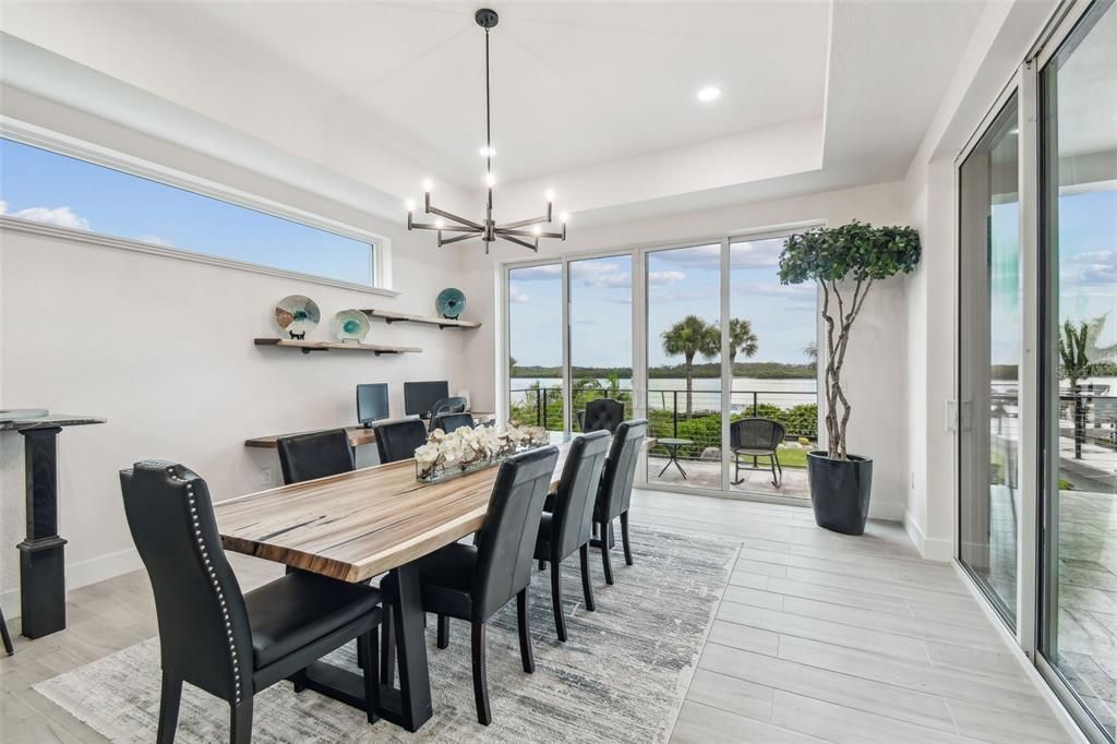 Dining room, Interior, Pendant Lights, Recessed Lighting, Wood Texture Flooring