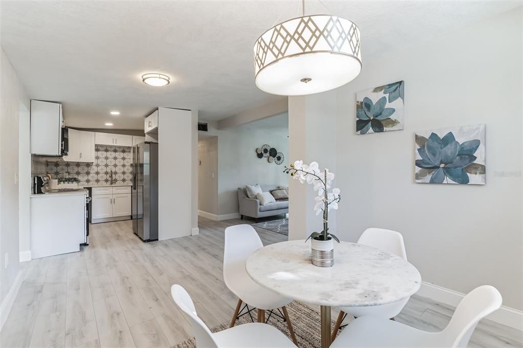 Dining room, Interior, Kitchen, Living room, Recessed Lighting, Wood Texture Flooring