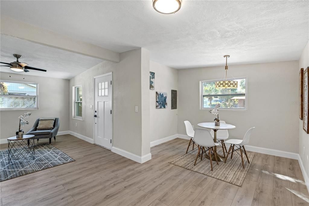 Dining room, Interior, Pendant Lights, Wood Texture Flooring