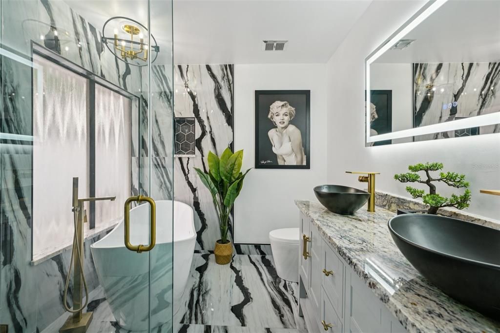 Bathroom, Dual Sink Vanities, Free Standing Baths, Glass Shower, Interior, Marble