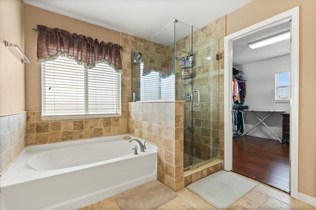 Bathroom, Glass Shower, Interior, Stone Walls, Wood Texture Flooring