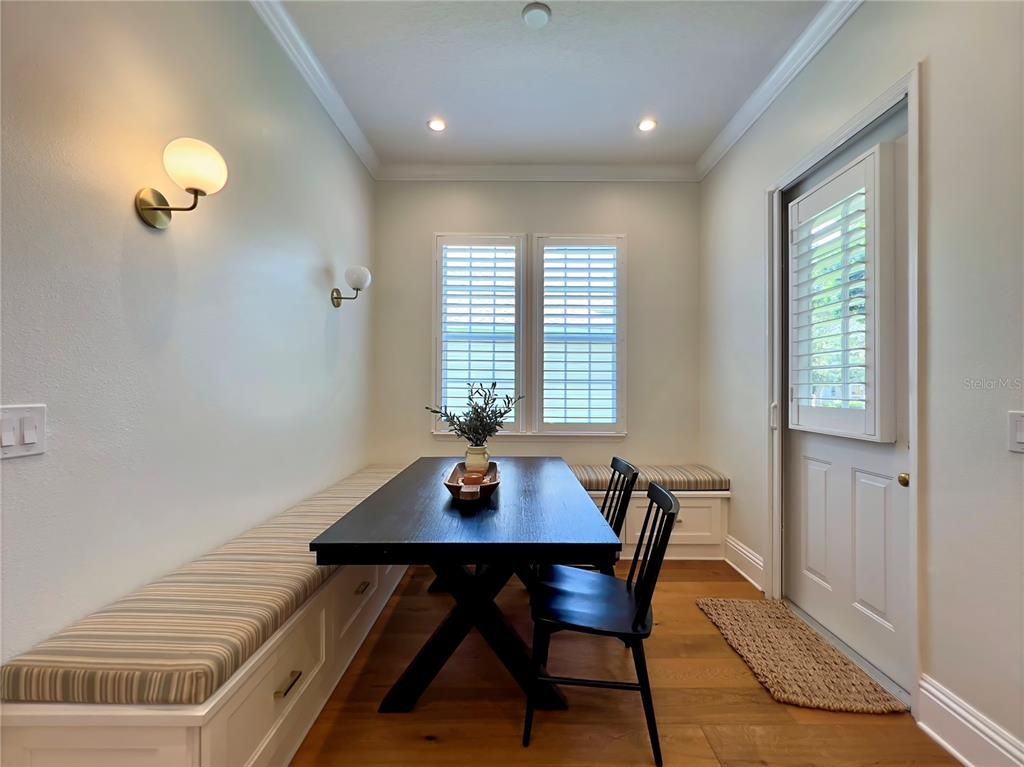 Dining room, Interior, Recessed Lighting, Wood Texture Flooring