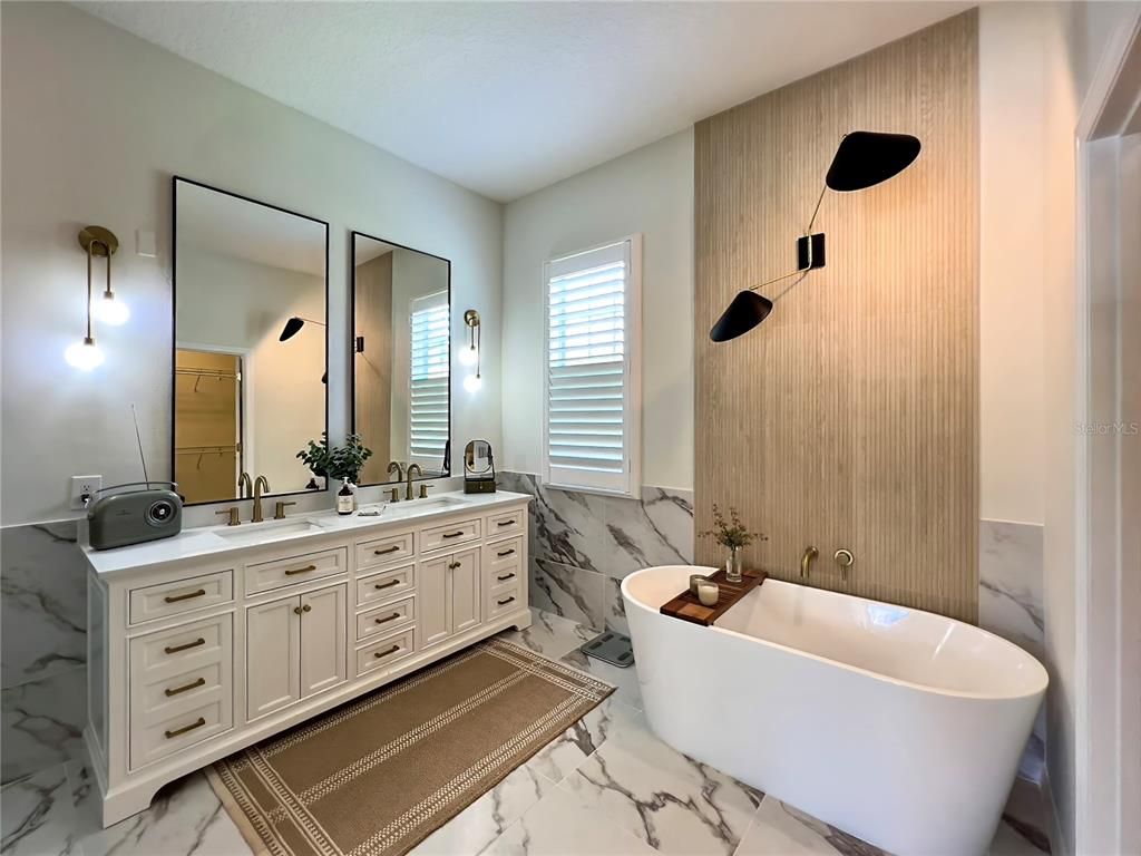 Bathroom, Dual Sink Vanities, Free Standing Baths, Interior, Marble, Marble Walls