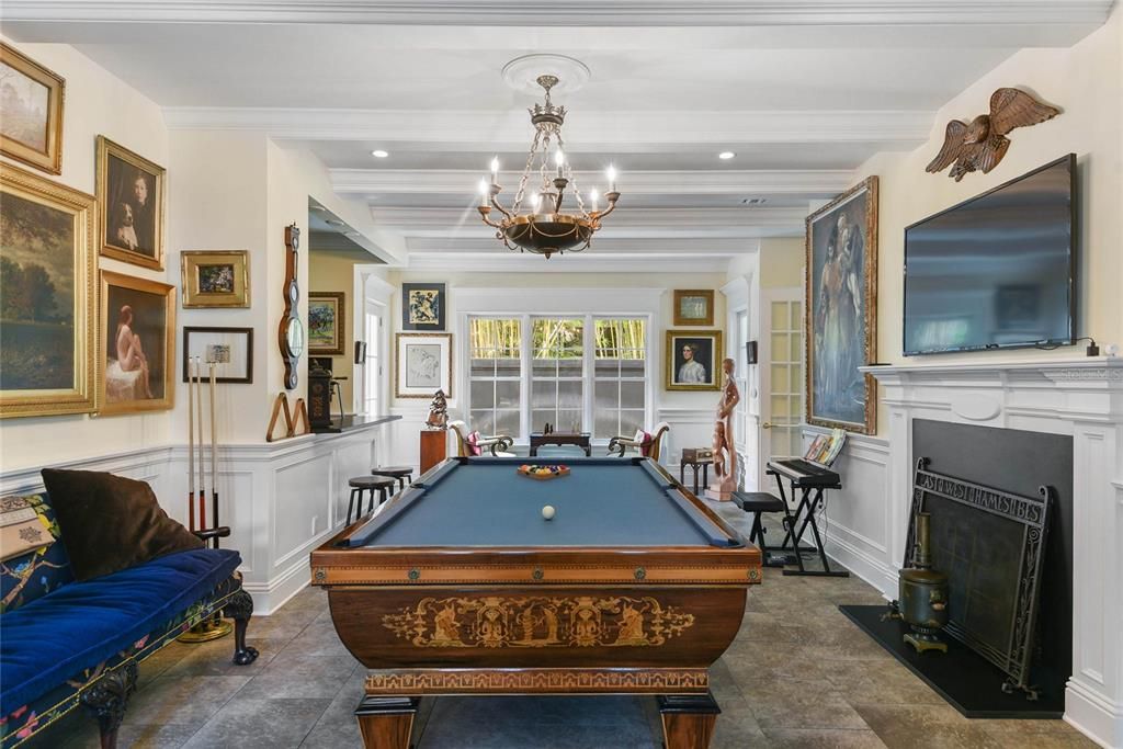 Billiard Table, Chandelier, Fireplace, Game Room, Interior, Recessed Lighting