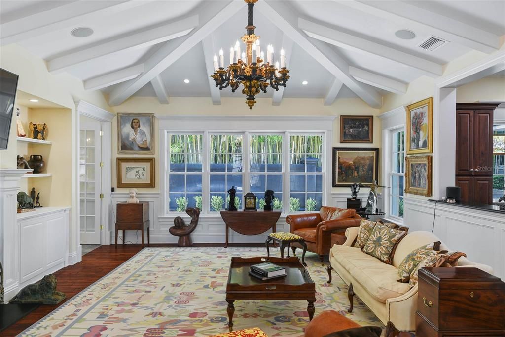 Chandelier, Fireplace, Interior, Living room, Recessed Lighting, Wood Texture Flooring