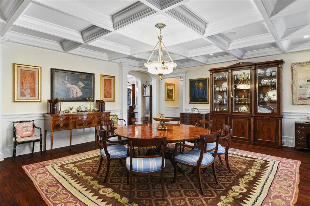 Dining room, Interior, Pendant Lights, Recessed Lighting, Wood Texture Flooring
