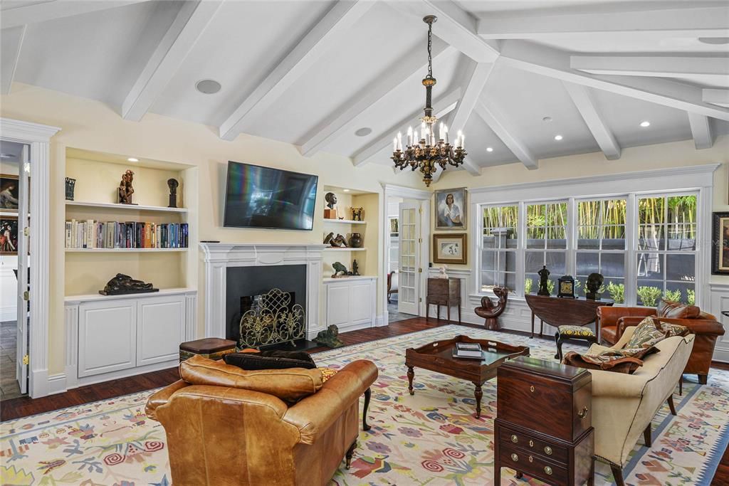 Chandelier, Fireplace, Interior, Living room, Recessed Lighting, Wood Texture Flooring