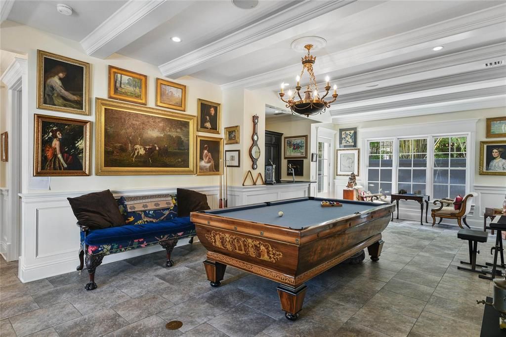 Billiard Table, Chandelier, Game Room, Interior, Recessed Lighting