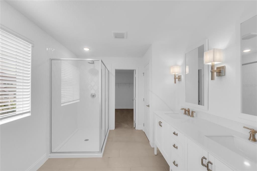 Bathroom, Dual Sink Vanities, Glass Shower, Interior, Recessed Lighting