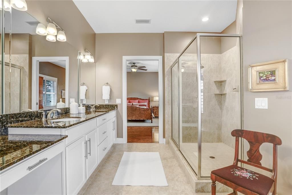 Bathroom, Dual Sink Vanities, Glass Shower, Interior, Recessed Lighting