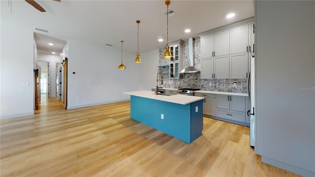 Interior, Kitchen, Pendant Lights, Recessed Lighting, Wood Texture Flooring