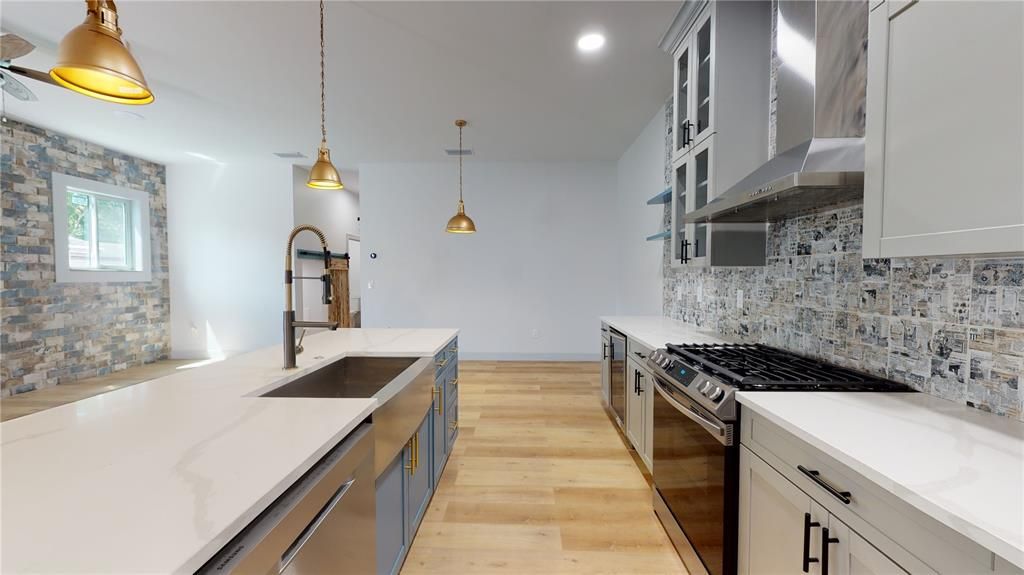 Interior, Kitchen, Pendant Lights, Recessed Lighting, Stainless Steel Appliances, Wood Texture Flooring