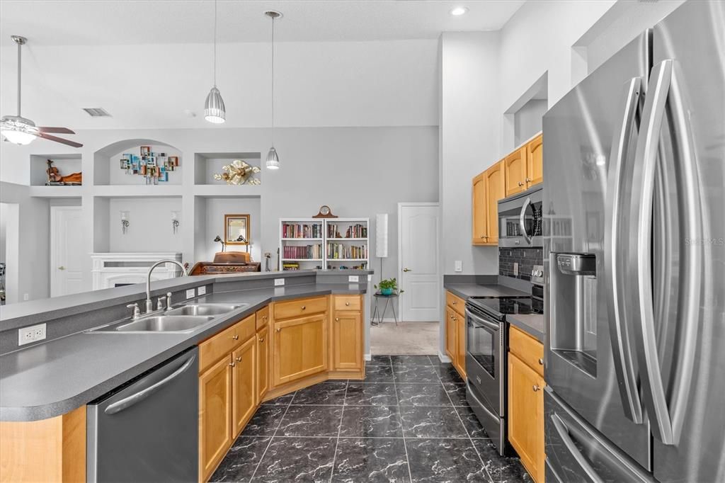 Interior, Kitchen, Marble, Pendant Lights, Recessed Lighting, Stainless Steel Appliances