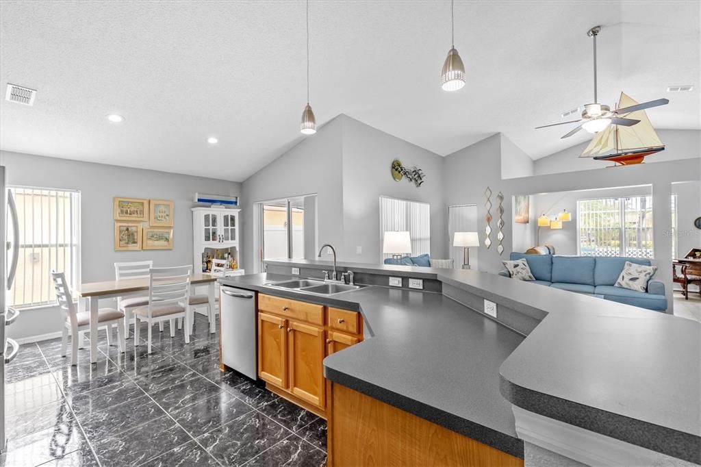 Dining room, Interior, Kitchen, Living room, Marble, Pendant Lights, Recessed Lighting