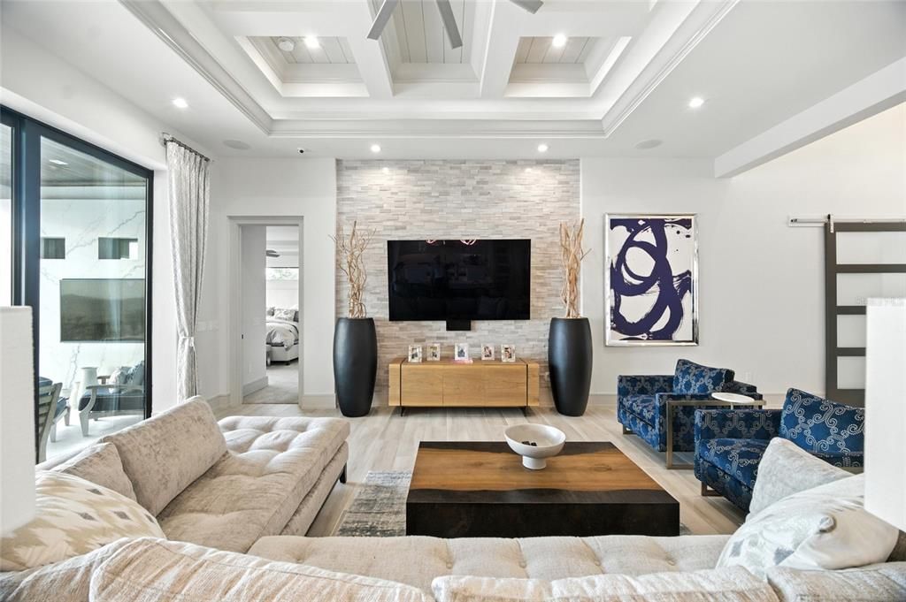 Interior, Living room, Recessed Lighting, Stone Walls, Wood Texture Flooring
