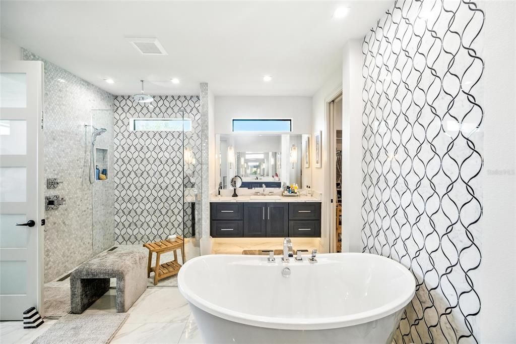 Bathroom, Free Standing Baths, Glass Shower, Interior, Marble, Recessed Lighting