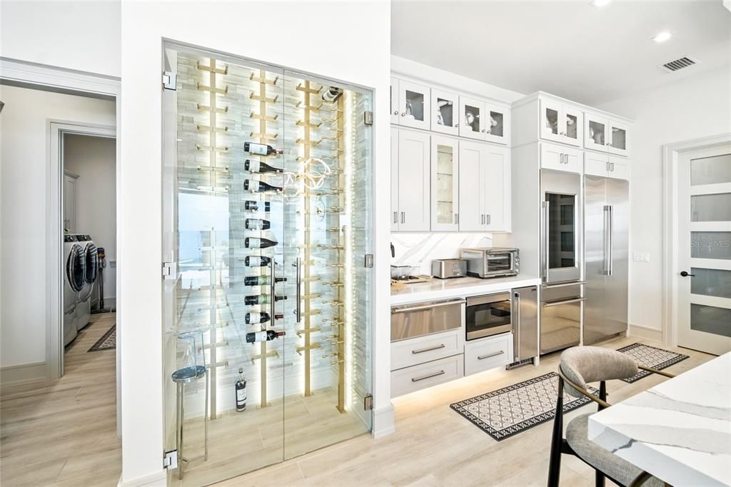 Interior, Kitchen, Recessed Lighting, Stainless Steel Appliances, Washer, Wine Storage, Wood Texture Flooring