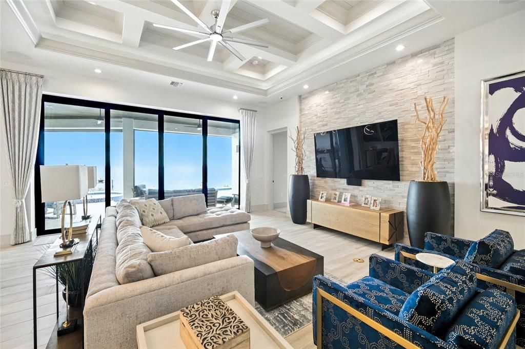Interior, Living room, Recessed Lighting, Stone Walls, Wood Texture Flooring