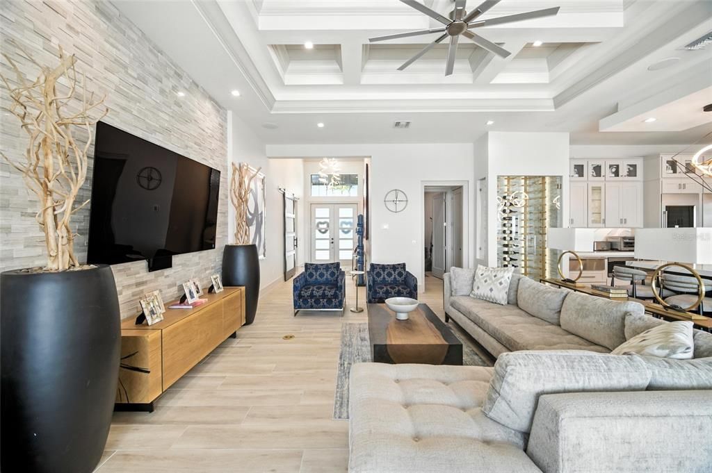 Interior, Kitchen, Living room, Recessed Lighting, Stone Walls, Wood Texture Flooring