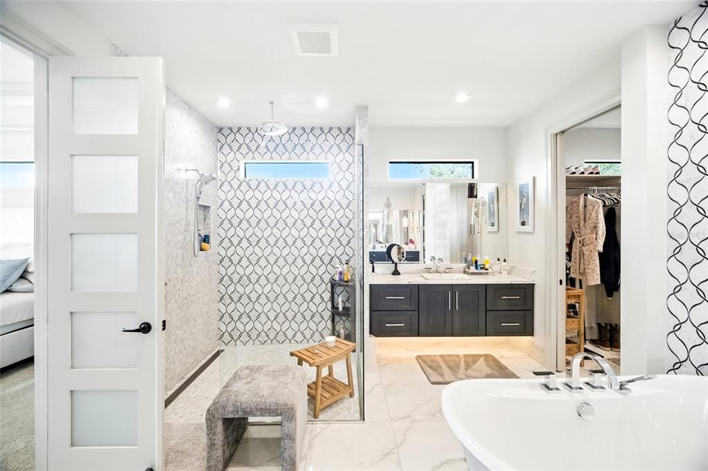Bathroom, Dual Sink Vanities, Interior, Marble, Recessed Lighting