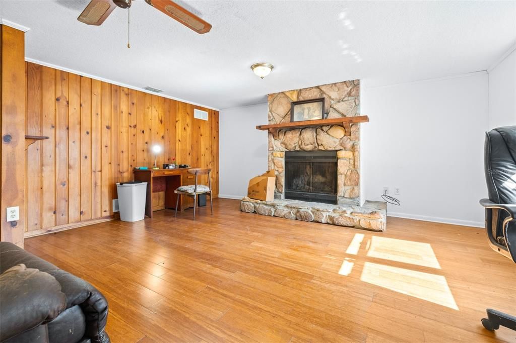 Fireplace, Home Office, Interior, Stone Walls, Wood Texture Flooring, Wooden Walls