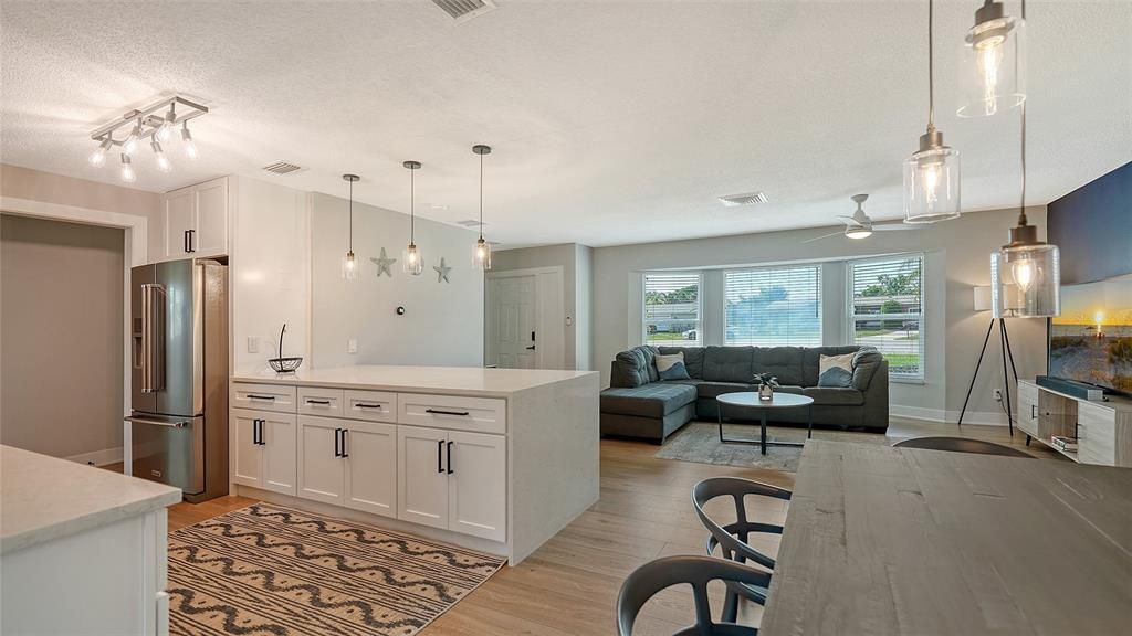 Interior, Kitchen, Living room, Pendant Lights, Stainless Steel Appliances, Wood Texture Flooring