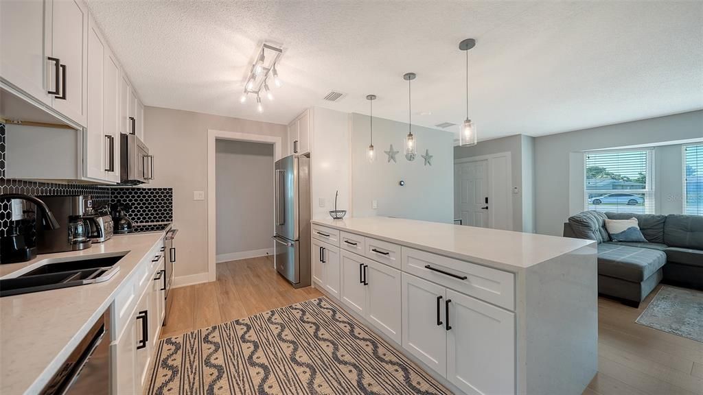 Interior, Kitchen, Pendant Lights, Stainless Steel Appliances, Wood Texture Flooring