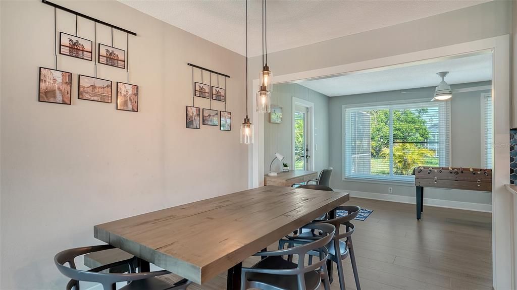Dining room, Interior, Pendant Lights, Wood Texture Flooring