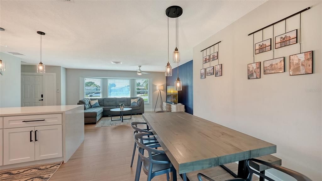 Dining room, Interior, Living room, Pendant Lights, Wood Texture Flooring