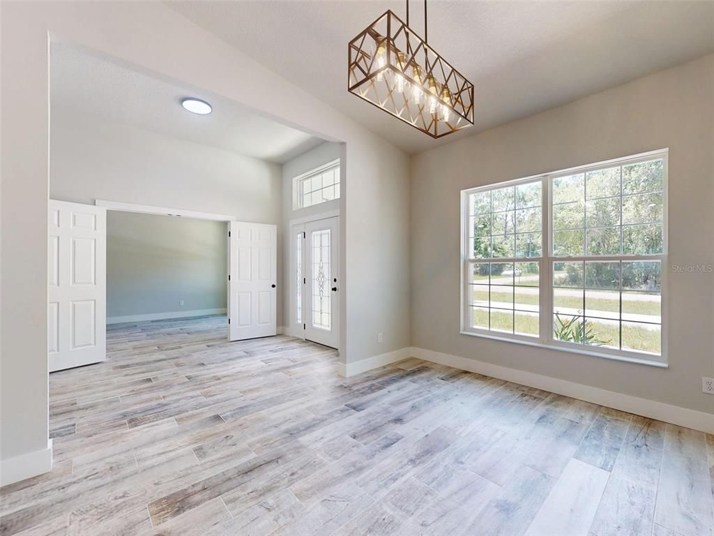 Chandelier, Empty room, Interior, Recessed Lighting, Wood Texture Flooring