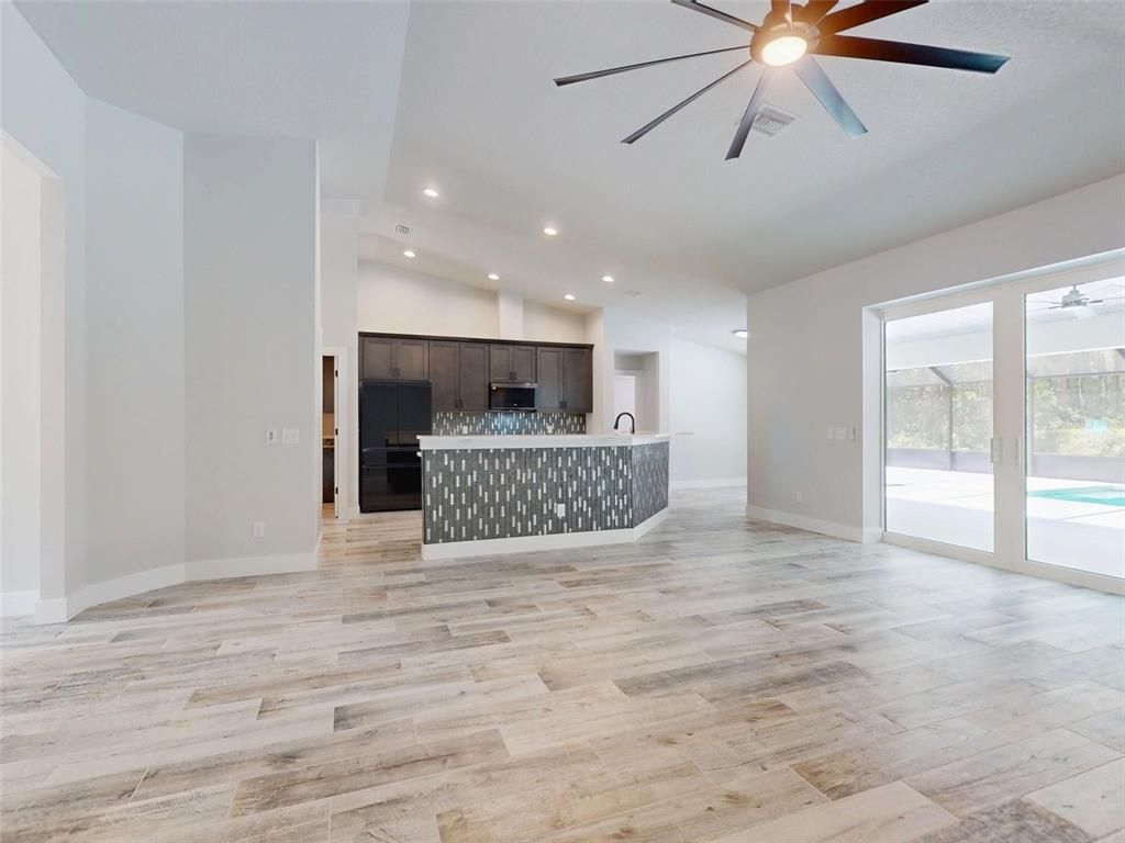 Empty room, Interior, Kitchen, Recessed Lighting, Wood Texture Flooring