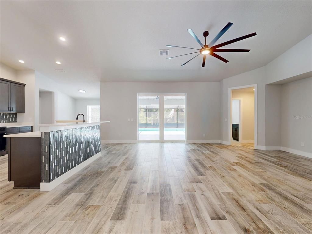 Empty room, Interior, Kitchen, Recessed Lighting, Wood Texture Flooring