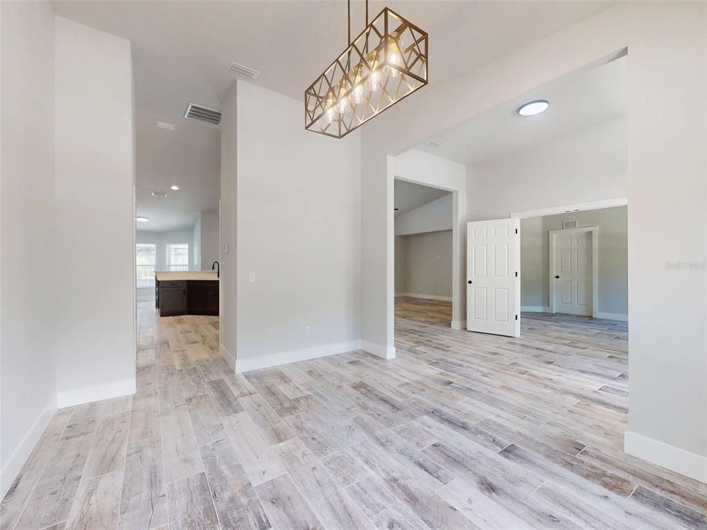Empty room, Interior, Pendant Lights, Recessed Lighting, Wood Texture Flooring
