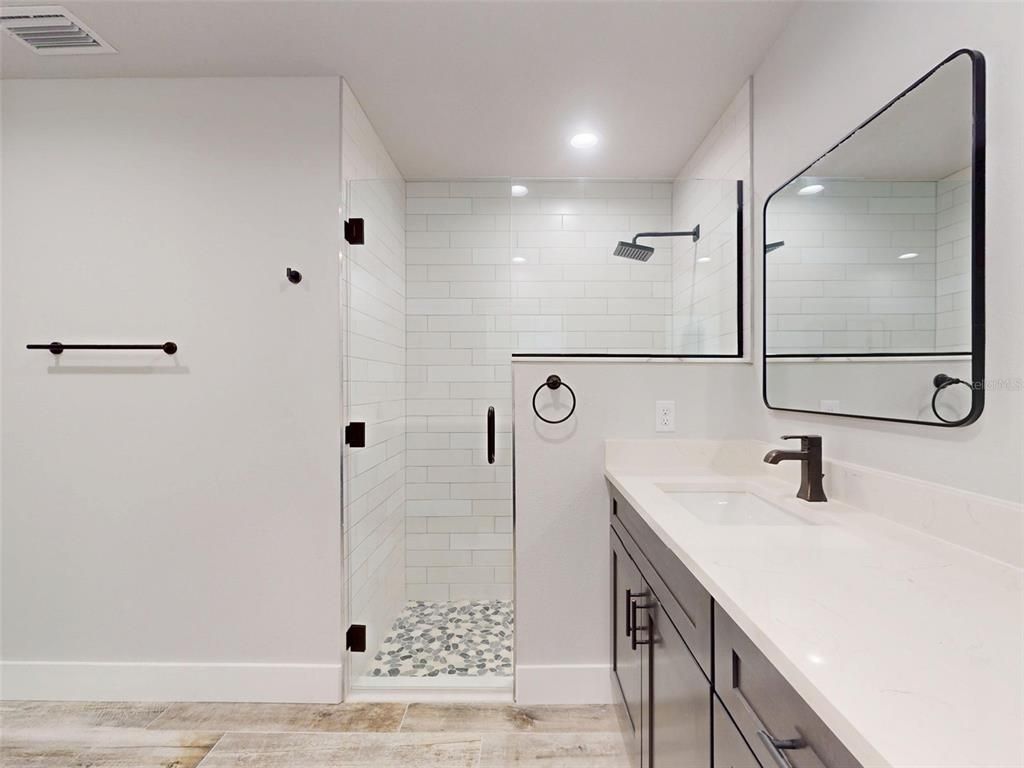 Bathroom, Glass Shower, Interior, Recessed Lighting, Wood Texture Flooring
