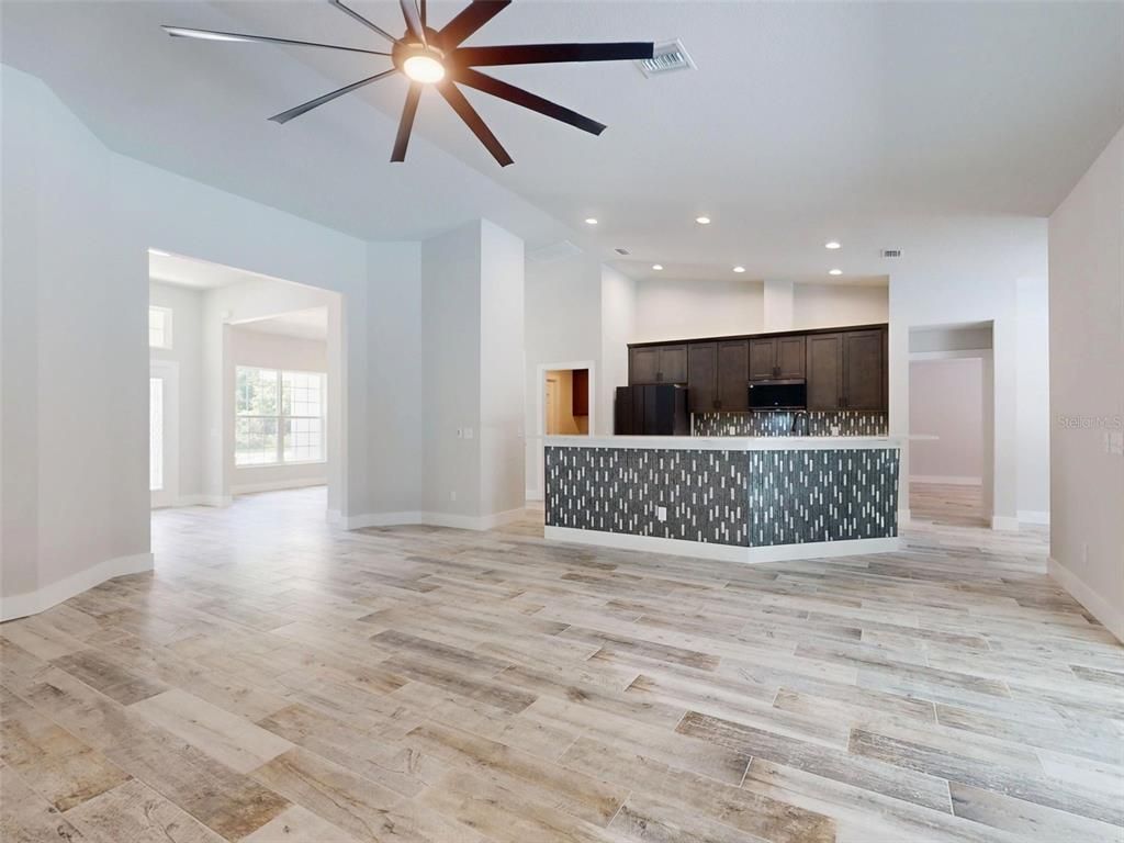 Empty room, Interior, Kitchen, Recessed Lighting, Wood Texture Flooring